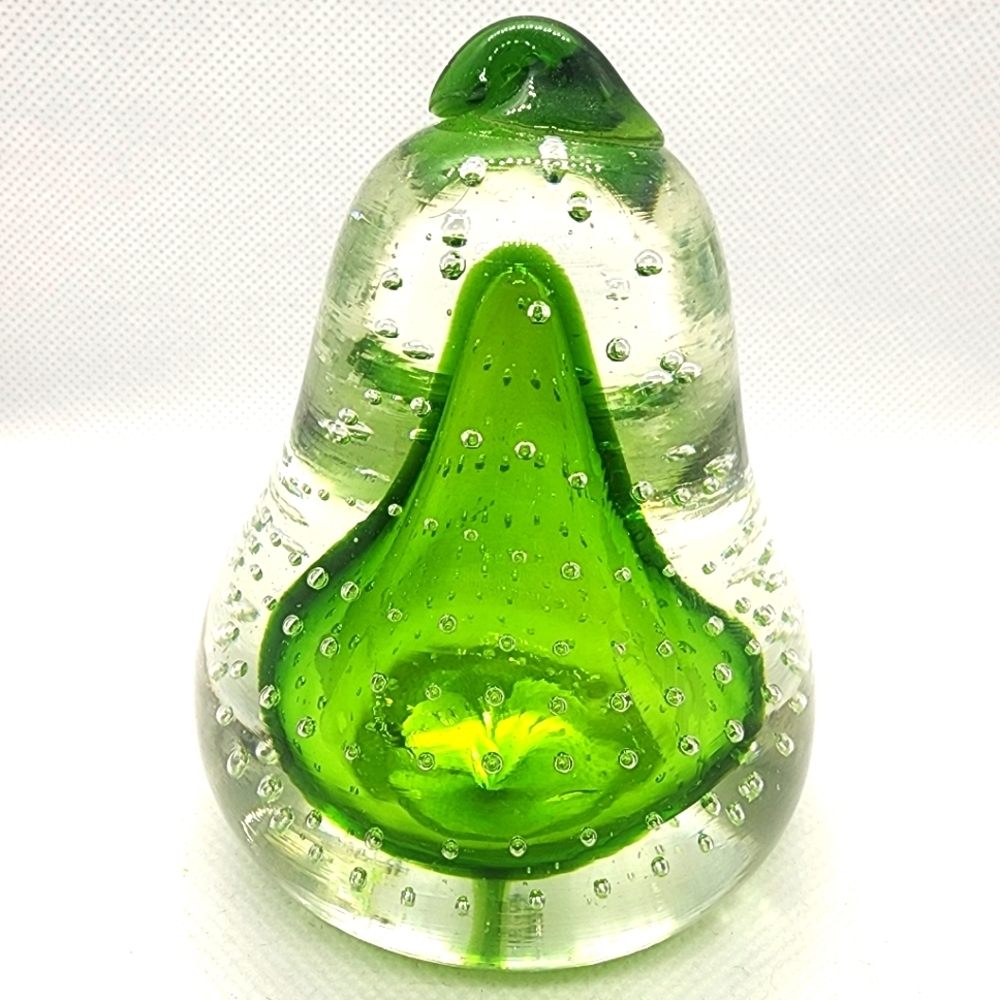 Glass Paperweight Pear Shape Green & Clear Glass with Air Bubbles - Picture 2 of 10